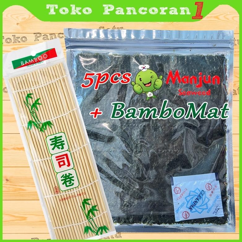 

MANJUN Nori Sushi Halal 5 lembar /Yakinori Import Kimbab/ Gimbab / Lembar Rumput Laut/Bamboo mat aSt