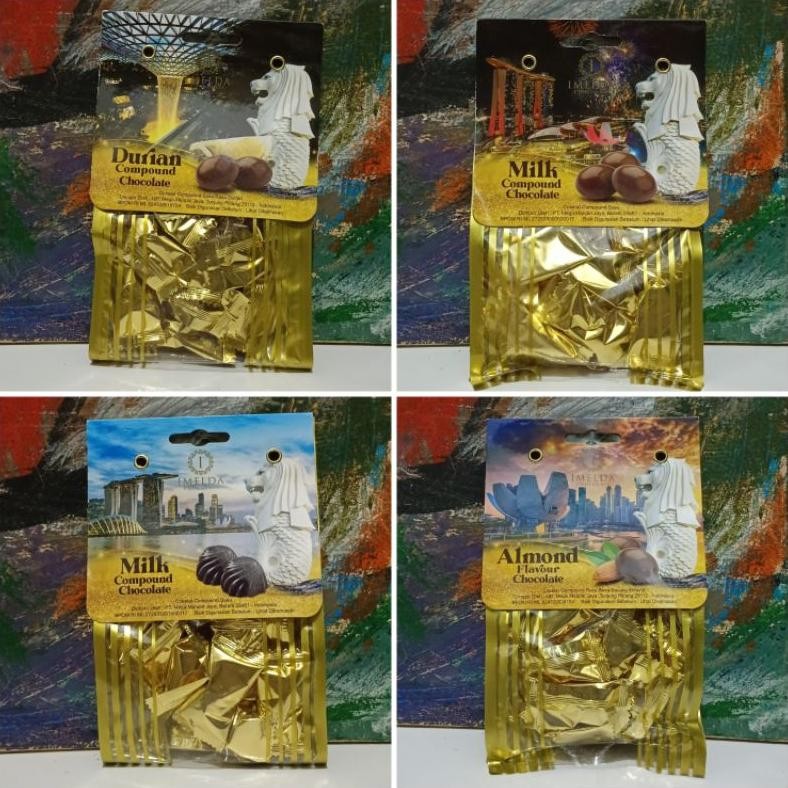 

Imelda 75gr Milk Chocolate Compound Coklat Susu Durian Almond Flavor Singapore Merlion aSt