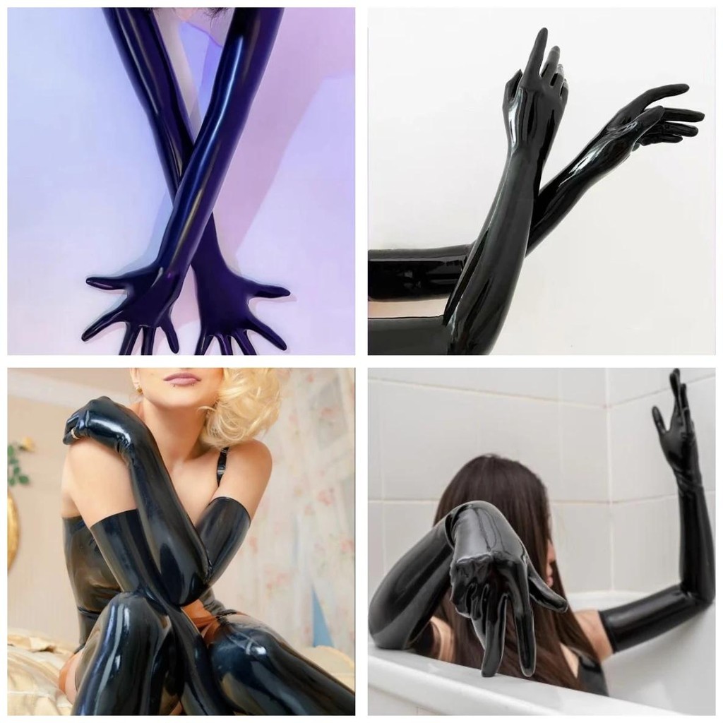 1 Pairs Long Black Malaysian Latex Kigurumi Five Finger Sexy Fit Zentai Party Outfit Long Gloves Cos