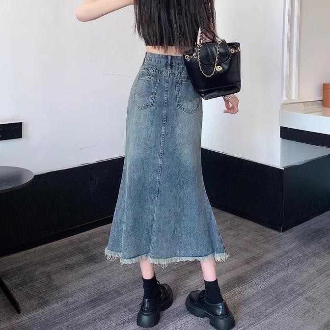 rok korean style jeans panjang cewek rok wanita fishtail vintage High Waist span 7 8 rok denim jumbo