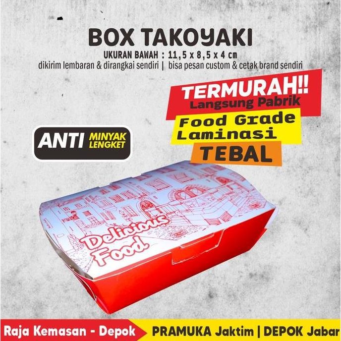 

Box Takoyaki ,x8,x4 cm Bahan Ivory Motif Foodgrade Full Laminasi Dalam (isi 00pcs)