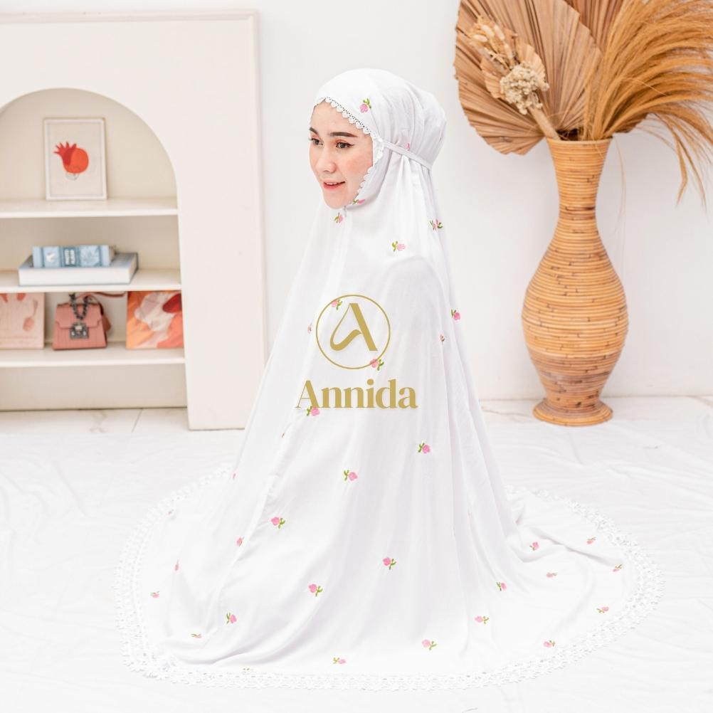 Original Mukena Dewasa Katun Rayon  Bordir Inara Putih Renda Mewah Jumbo Uh-22