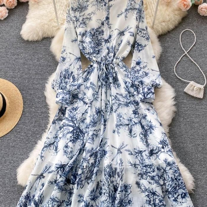 Dd Susana Mall Long Dress Retro Biru Abstrak Batik/Dress Midi  Vintage Gamis Wanita Casual Lengan Pa