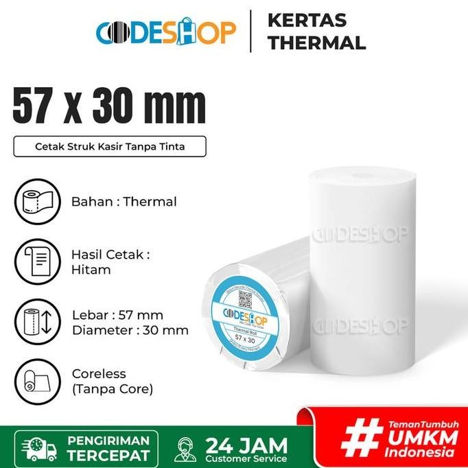 

BEBAS ONGKIR - 1 DUS Kertas Thermal Codeshop 57 x 30 mm Roll Printer Struk Kasir 58mm