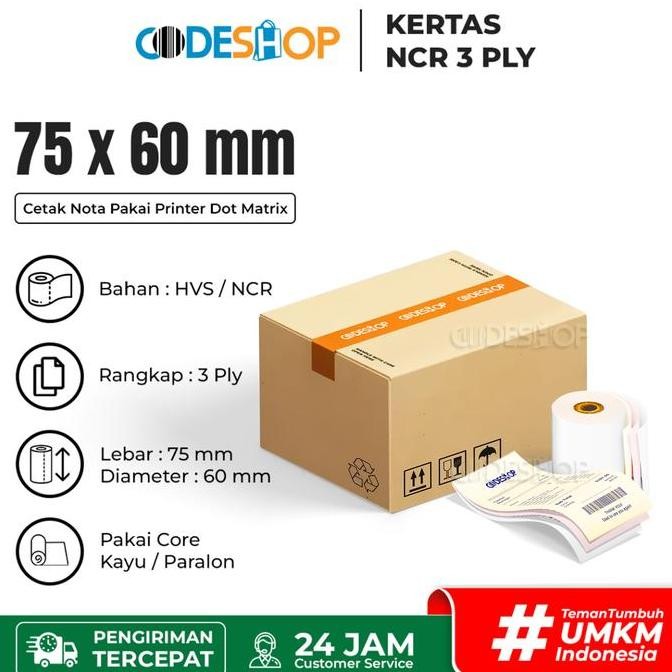 

TERMURAH - 1 Dus Codeshop Kertas Kasir NCR 3 Ply 75 x 60 mm Cetak Struk Swalayan