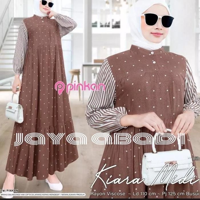 Dd Gamis Dres Motif Polkadot Lengan Salur Bahan Rayon Premium Wanita Muslim