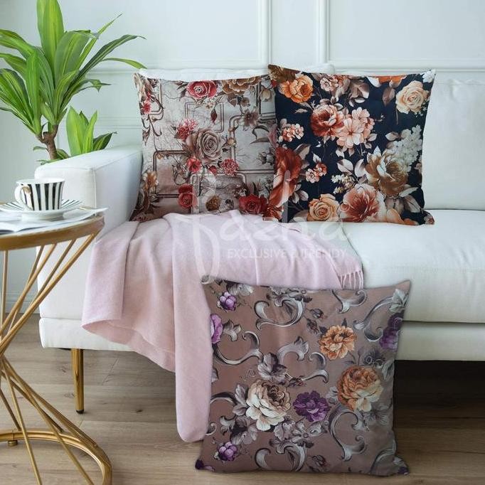 Sarung Cushion Bantal Sofa Kursi Tamu Motif Bunga Brown 40X40