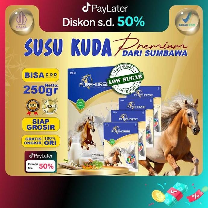 

Grosir Purehorse Susu Kuda Bubuk Asli Kemasan Lebih Banyak 250Gr Per Box Paket 5 Box Bubuk Rendah Gula