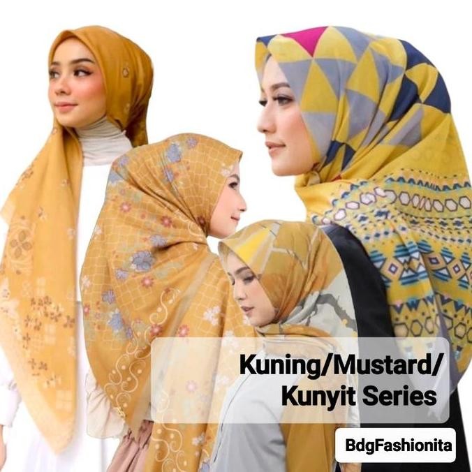 (Allthebest) Hijab Segiempat Motif Seri Warna Kuning/Yellow Mustard/Kunyit