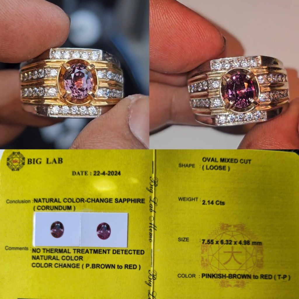 Color change sapphire 2,14 ct No Heated