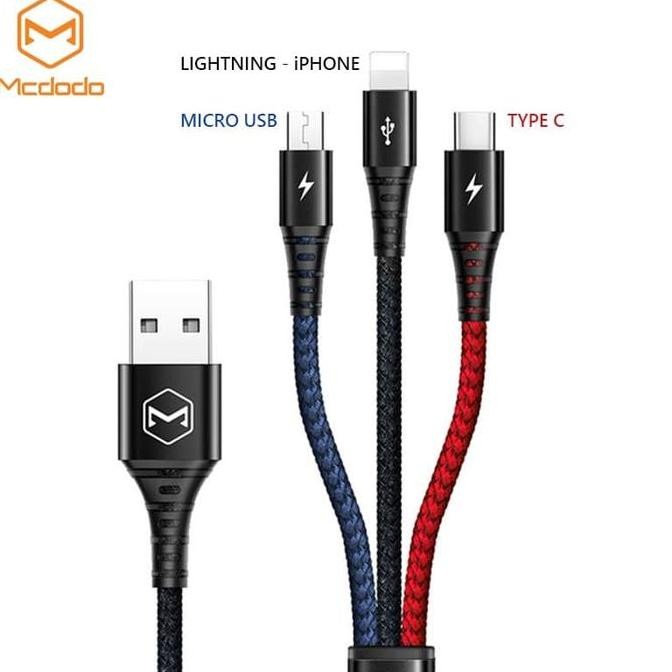 Mcdodo Kabel Charger 3 in 1 Micro USB Type C iPhone CA 622 1.2M   Berkualitas
