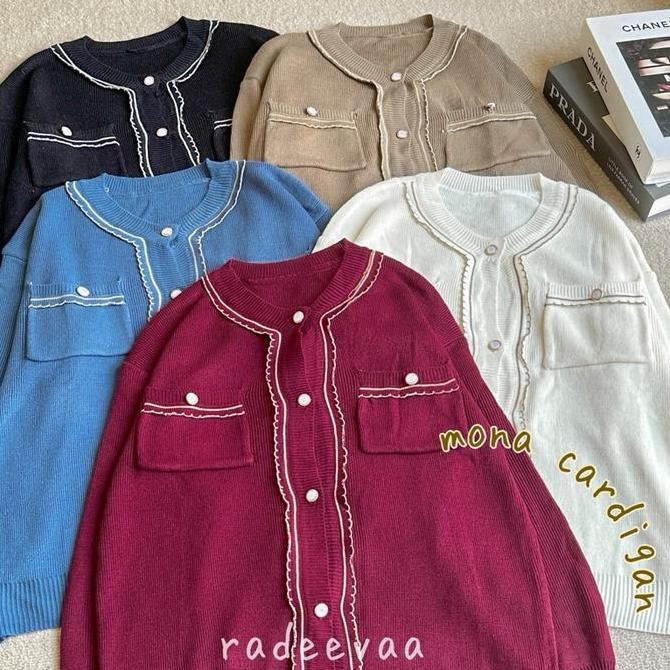 Promo Mona Cardigan Button Mutiara Knit Atasan Rajut Cardi Wanita Kantong Aesthethic Korean Style