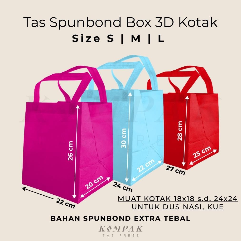 

1 Lusin/12 Pcs - Tas Spunbond Press Box 3D Kotak Kantong Goodie Bag Dus Kue Nasi Bento Hantaran 18x18 20x20 22x22 24x24 Cm 22x26x20 24x30x22 27x28x25 Cm aSt