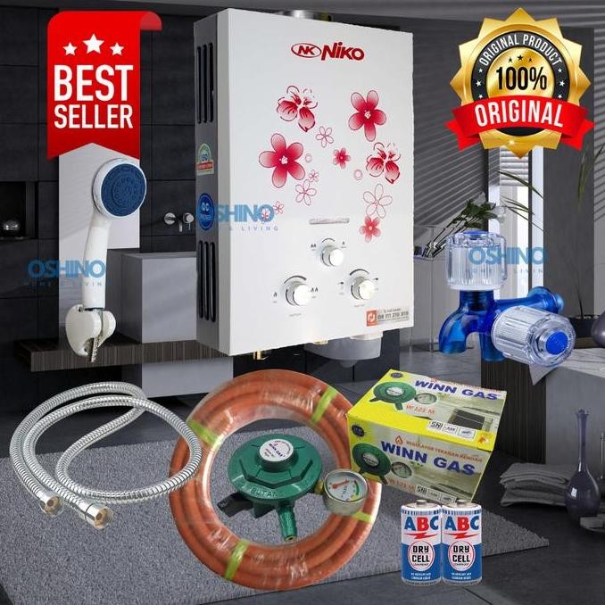 PAKET WATER HEATER PEMANAS AIR KAMAR MANDI GAS NIKO LENGKAP PUTIH ORIGINAL DAN TERPERCAYA