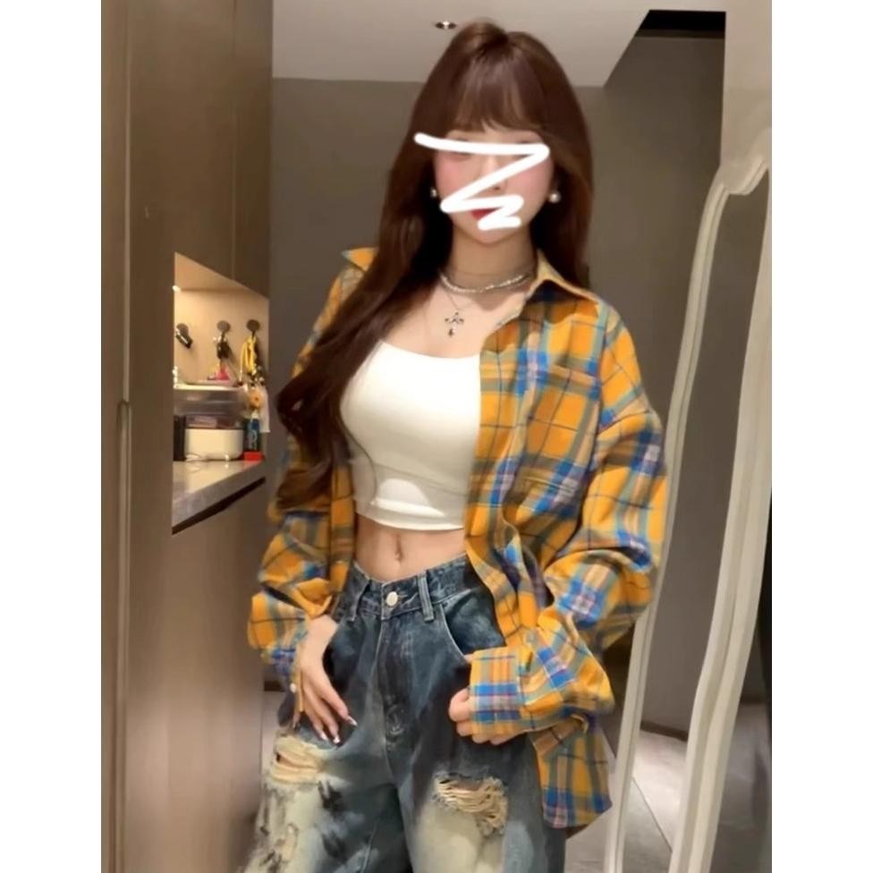 SOSO Kemeja lengan panjang kotak-kotak kuning wanita, kemeja longgar kemeja wanita atasan wanita