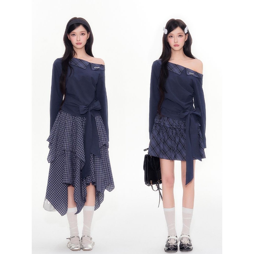 Verve WardrobeSetelan Jas Wanita Gaya Korea Dengan Kerah Kontras Biru Tua Kemeja Off-Shoulder Rok Ko