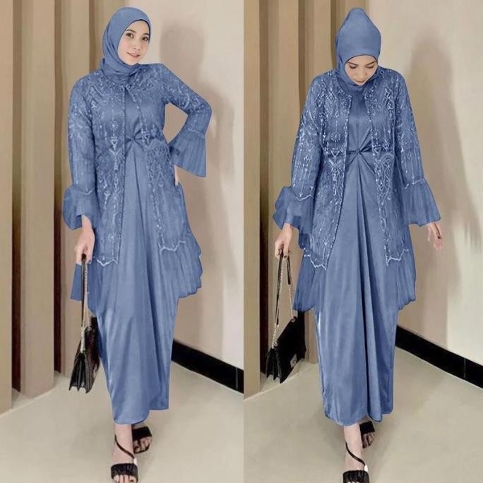 Gamis 2in1 brukat tile size M-XXL jumbo bigsize dress gamis muslimah cardigan Dalaman Maxi Mutiara P