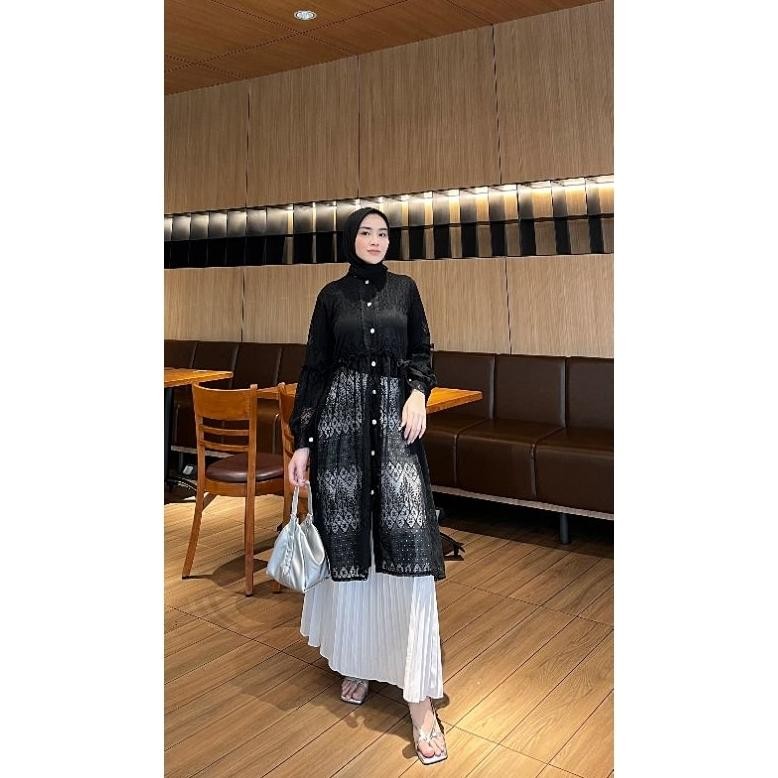 Kekinian - Black Outer Brukat Cardigan Brokat Lengan Panjang atasan outher brukat Outer Brokat outer