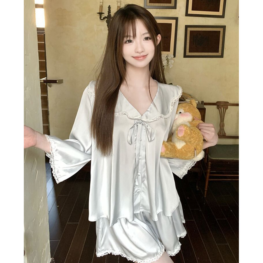 Lazy night Piyama Sutra Es Manis Kardigan Wanita Celana Pendek Seksi Set Pakaian Rumah