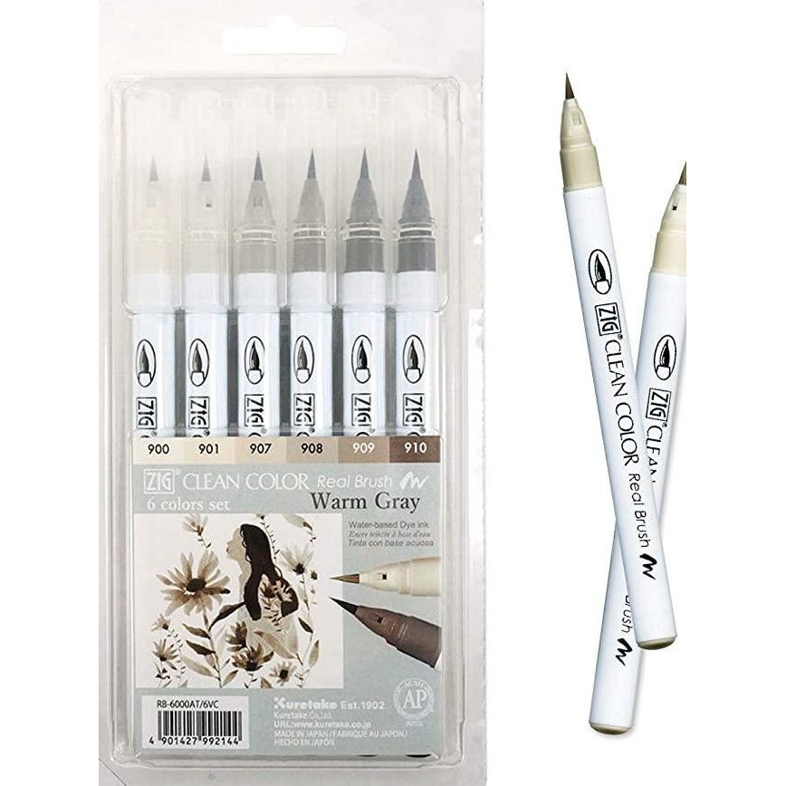 

HOT SALE! RB-6000AT/6VC Kuretake ZIG Clean Color Real Brush Warm Grey 6 color