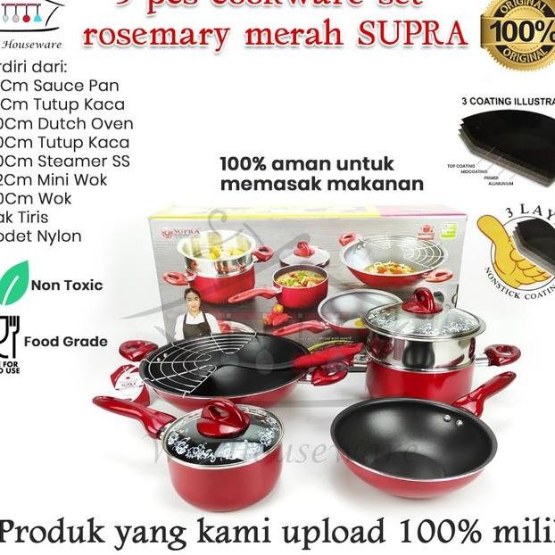 Panci Set Wajan Set 9Pcs Cooare Set Supra Rosemary Anti Lengket Pan
