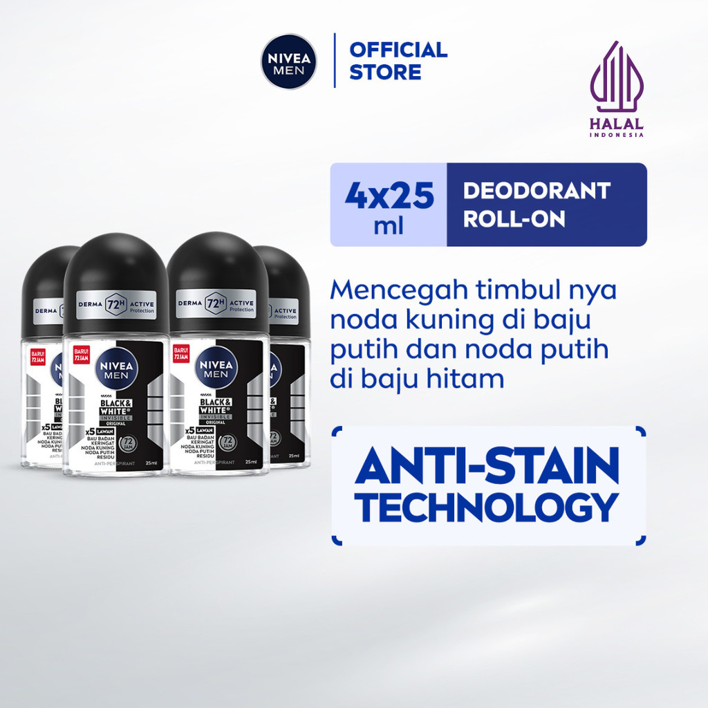 (PAKET HEMAT ISI 4) NIVEA MEN Deodorant Roll On Black & White Invisible Original 25ml - Deodoran pri