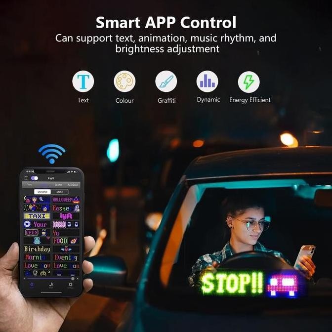 Panel Modul Led Matrix Lampu Mobil Bluetooth Fleksibel Running Text Animasi Colorful Screen 5V