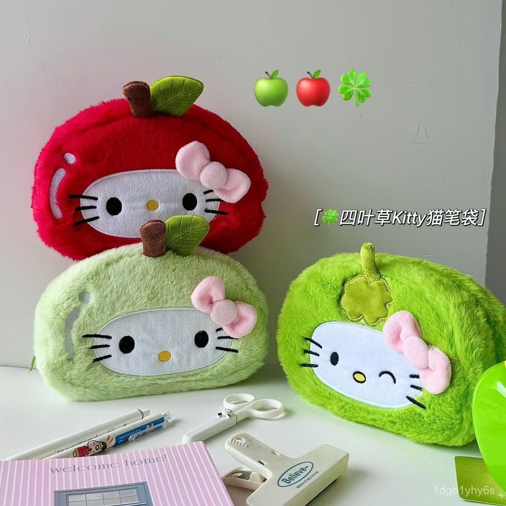 

Japanese Style Cute New Apple helloKitty Cat Pencil Case Plush Cosplay Four-Leaf Clover Stationery Bag High Aesthetic FCFR