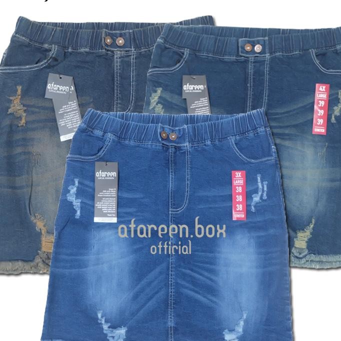 Rok Mini Jeans Sobek Rawis Jeans Skrit Korea Rok Pendek Jeans Wanita Pinggang Karet Plus Size 3342
