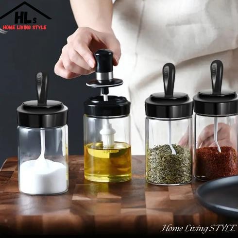 LWO Botol Bumbu Dapur Botol Kaca Tutup Sendok Tempat Penyimpanan Bumbu Dapur Botol Kaca Serba Guna V