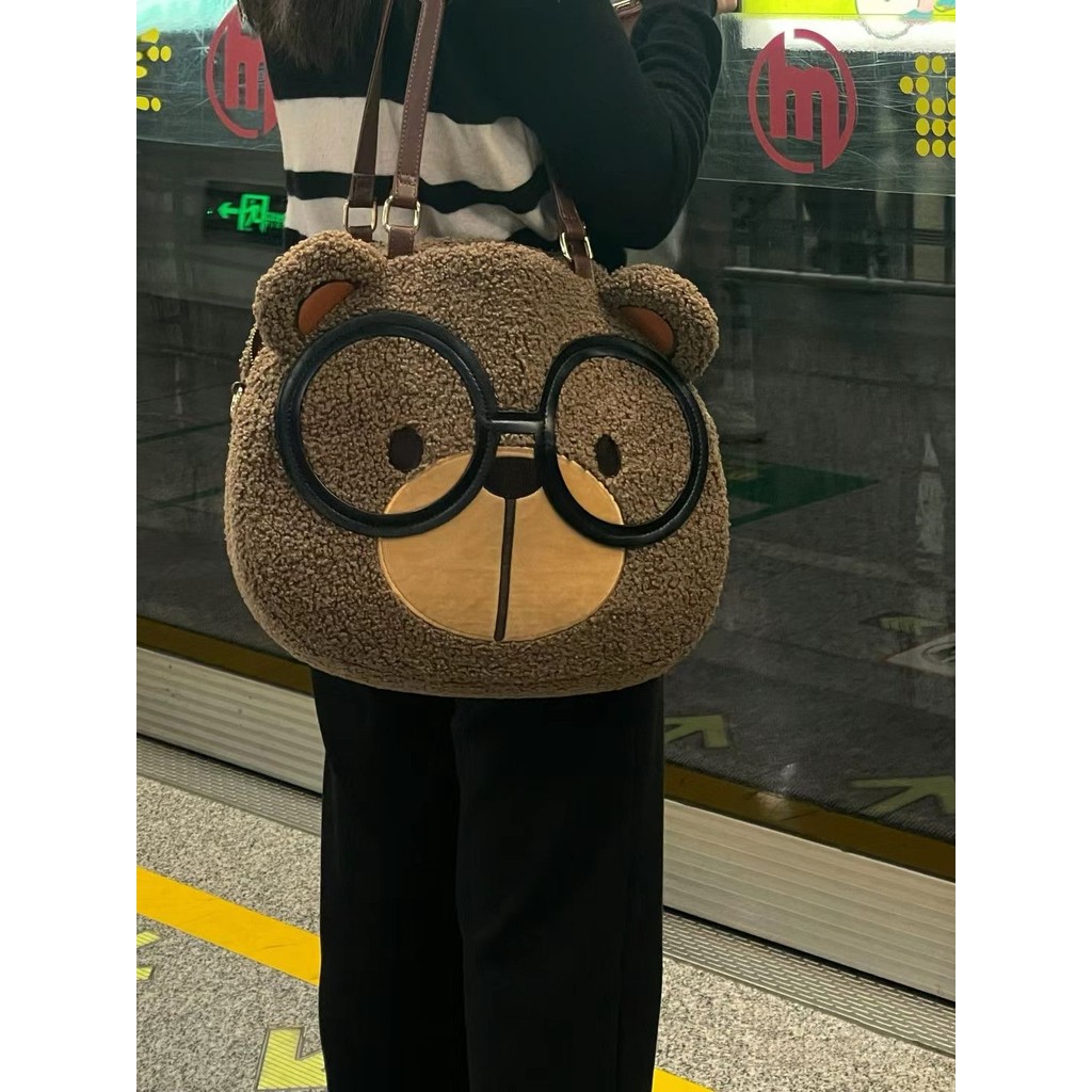 Y2.Morgan Tas Tote Ketiak Boneka Beruang Krim Kartun Lucu Kapasitas Besar Baru Tas Selempang Bahu Ko