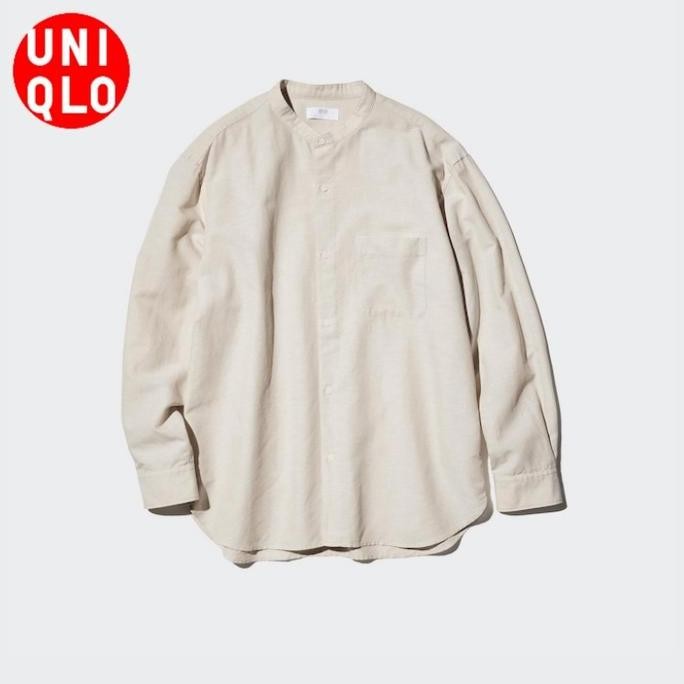 UNIQLO Baju Koko Kemeja Katun Linen Kerah Tegak Lengan Panjang Polos Garis Pria Original