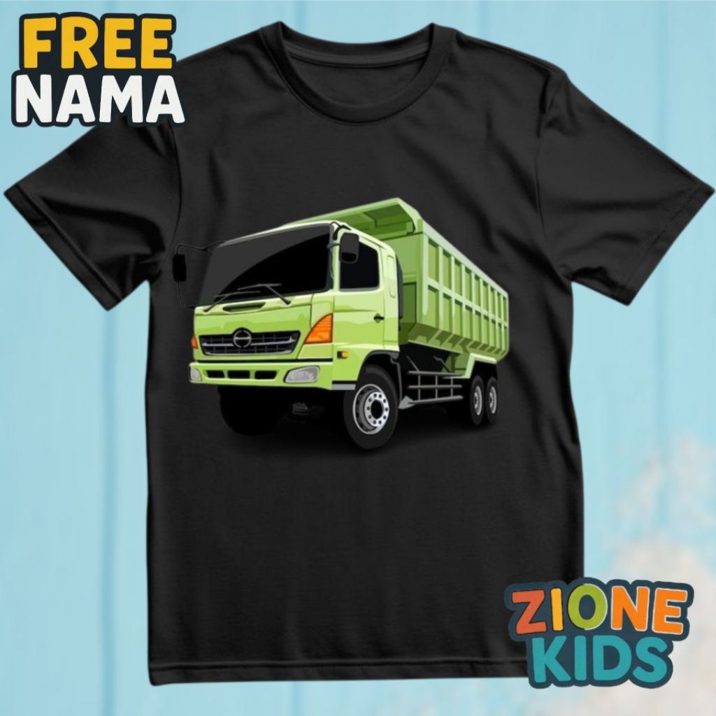 Kaos Anak Dump Truck Hijau | Baju Anak Laki-Laki Motif Truk Full Print | Tshirt Anak Zione Kids
