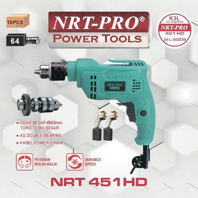 ><><><] Mesin Bor Besi Kayu Listrik 10 mm Gear Torsi Besar NRT-PRO 451HD Electric Drill 10mm Variabl