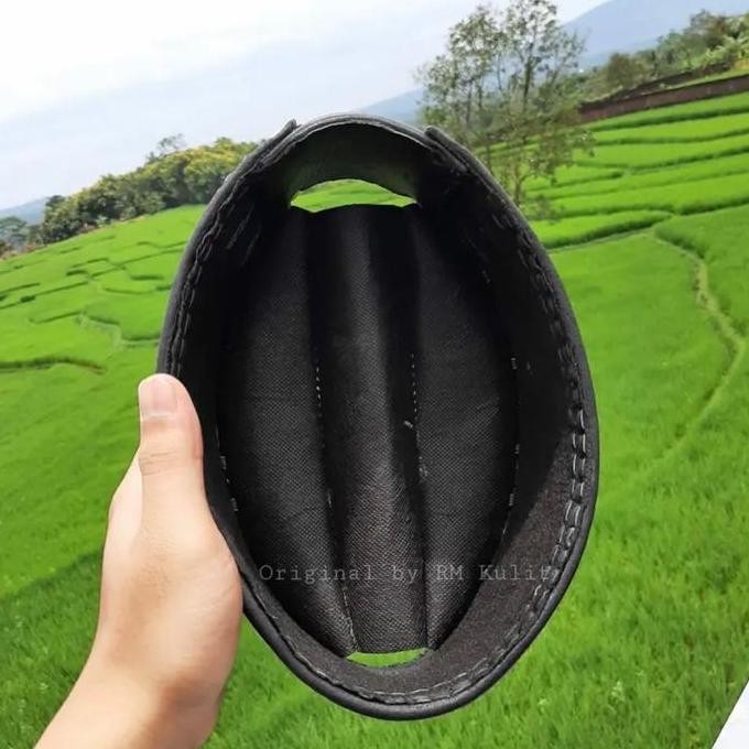 Topi Peci Kulit Asli Sulam Handmade Full Up Cowok Hitam Muslim - Coklat Motif Keren Kopiah Songkok N