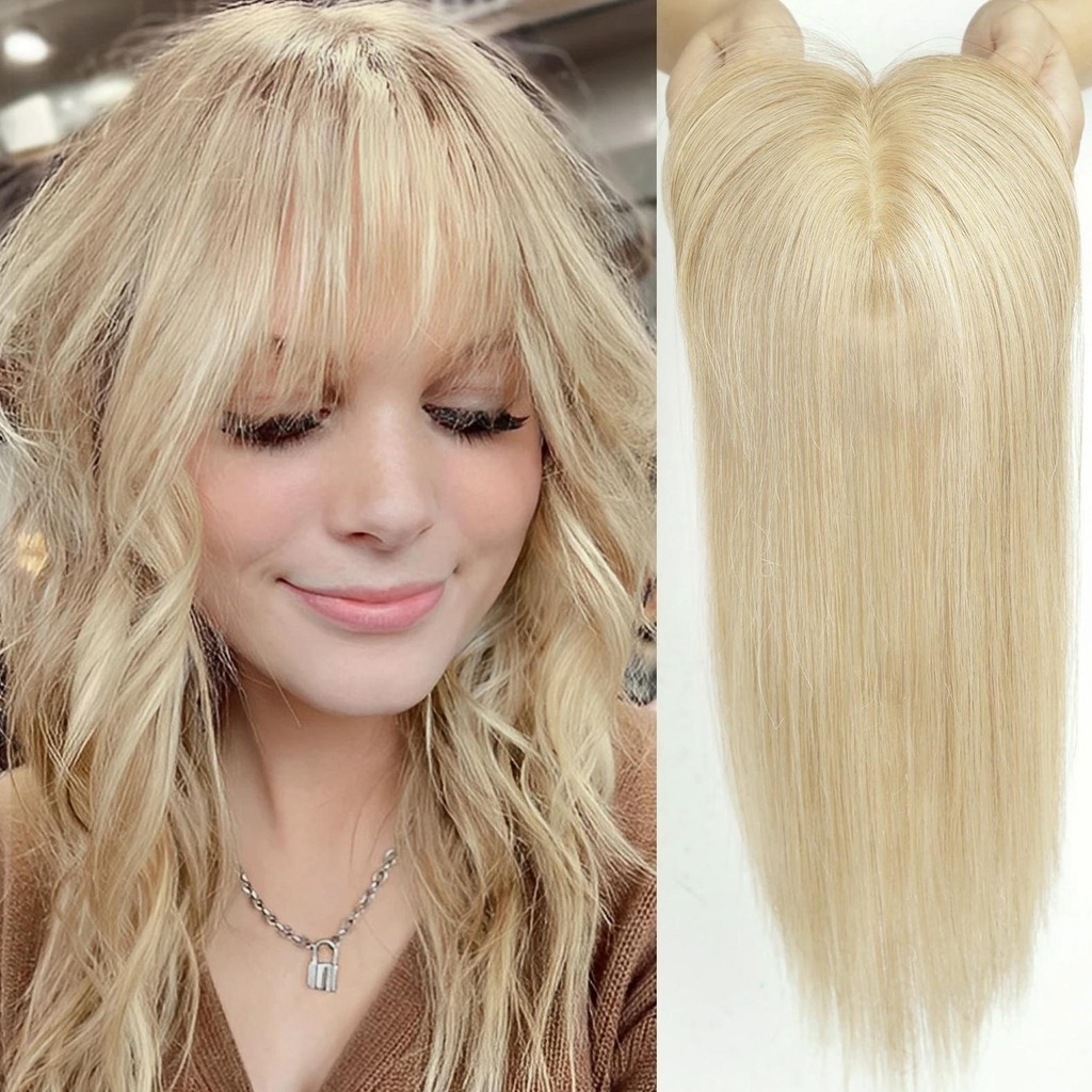 100% Remy Human Hair Topper For Women 10 Inches Blonde Human Hair Pieces Topper With Bangs Silk Base