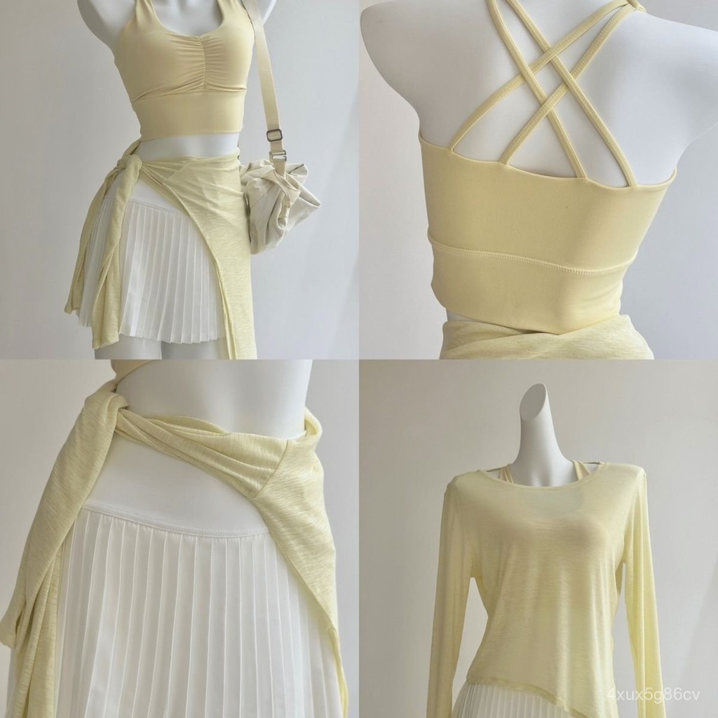 Milk Grass Custard Yoga Outfit Set Sheer Cover-Up Butterfly Yellow Pleated Underwear Pleated Skirt T