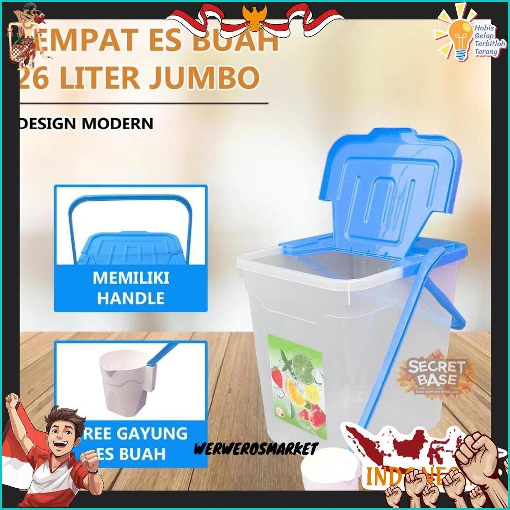 Toples Es Buah 26 L - Wadah Tempat Es Buah Besar Bonus Gayung Panjang Jualan Jus Capcin Juice Coklat