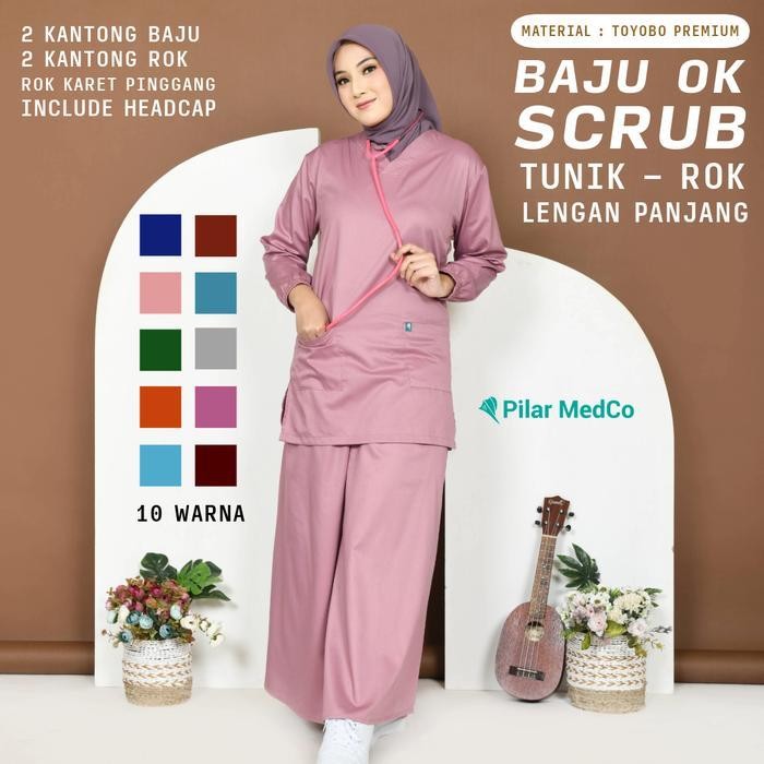[Kecil Baju Ok Rok Lengan Panjang Tunik | Baju Scrub Medis Rok Tunik | Bahan Toyobo | Baju Jaga Dokt