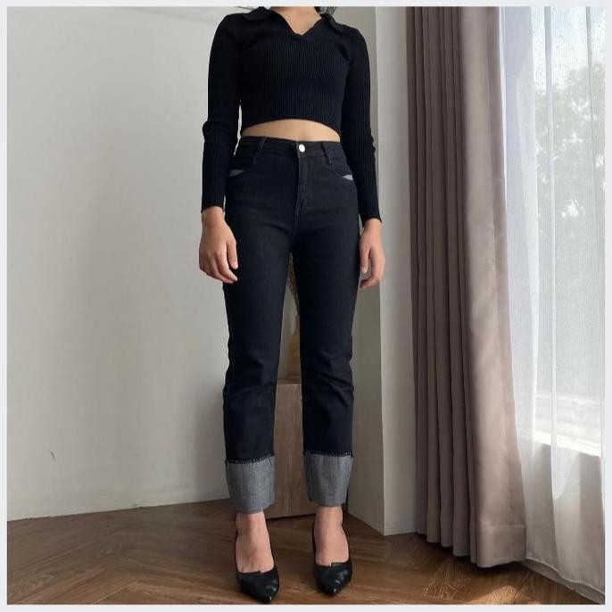 Shenel | Hailey Celana Jeans Wanita Highwaist Stretchy Jeans Melar Kaki Lipat Celana Jeans Panjang C