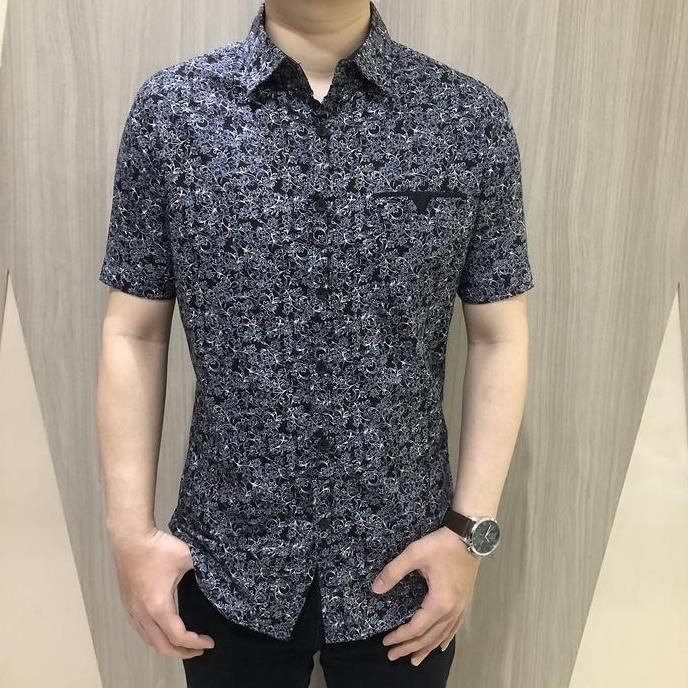 Grosir [Gridline - S217 Black & Blue] Kemeja Batik Print Slimfit Premium