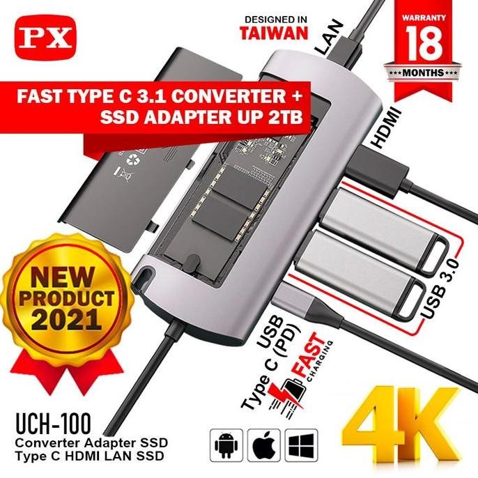 TERBARU - PX - Converter Adapter SSD 2TB Type C to USB HDMI LAN 6 In 1 UCH-100