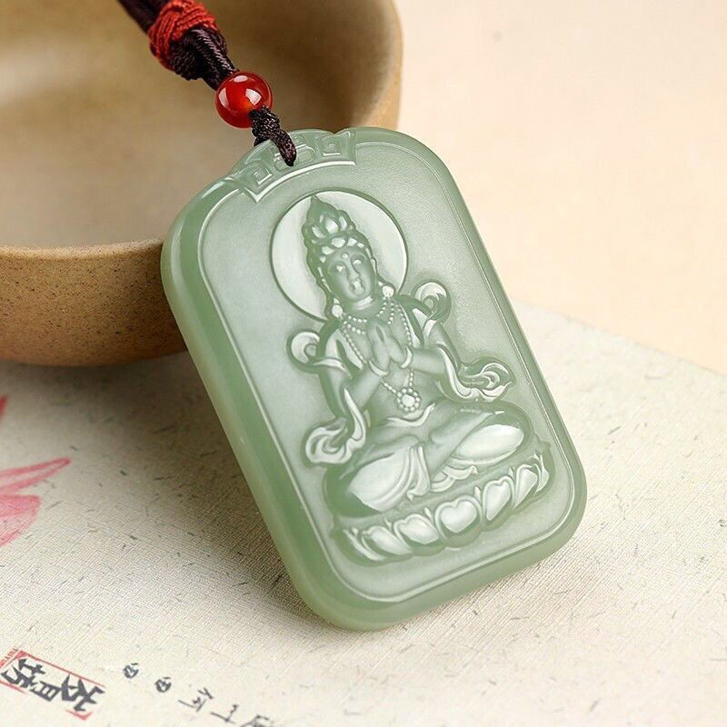 Liontin Genggam Pria dari Batu Giok Hetian Plakat Jade Hijau Afghanistan Jade Guanyin Besar