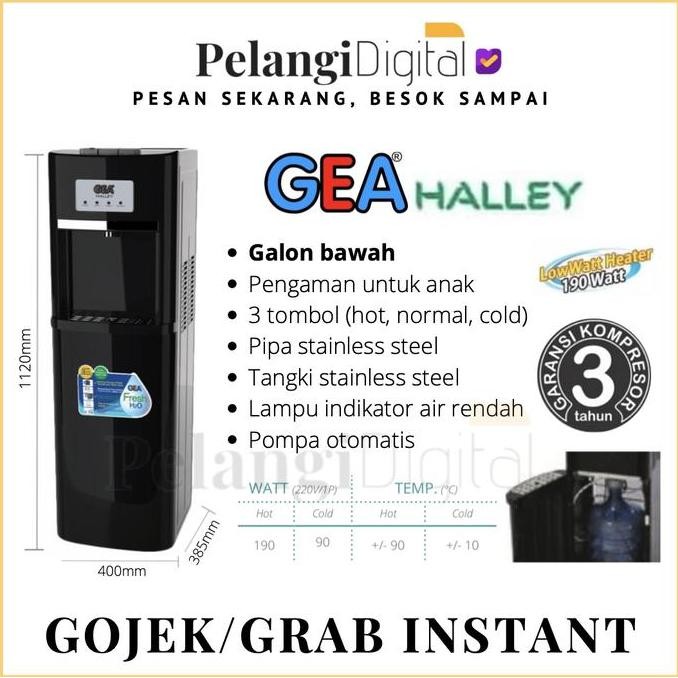 TERBARU - GEA HALLEY Dispenser Air Galon Bawah LOW WATT - Panas, Normal, Dingin