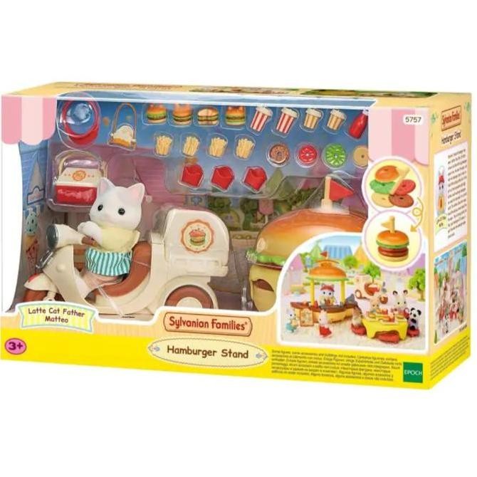 Mainan Boneka Sylvanian Families Hamburger Stand Plus Motor Latte Cat Father 30 Aksesoris