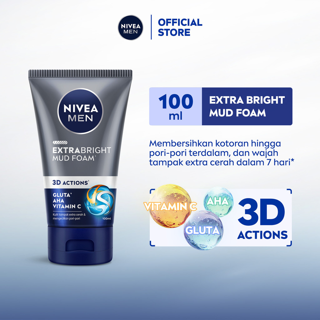 NIVEA MEN Mud Foam Extra Bright Mud Foam 100ml - Sabun cuci muka pria mencerahkan bintik hitam brigh