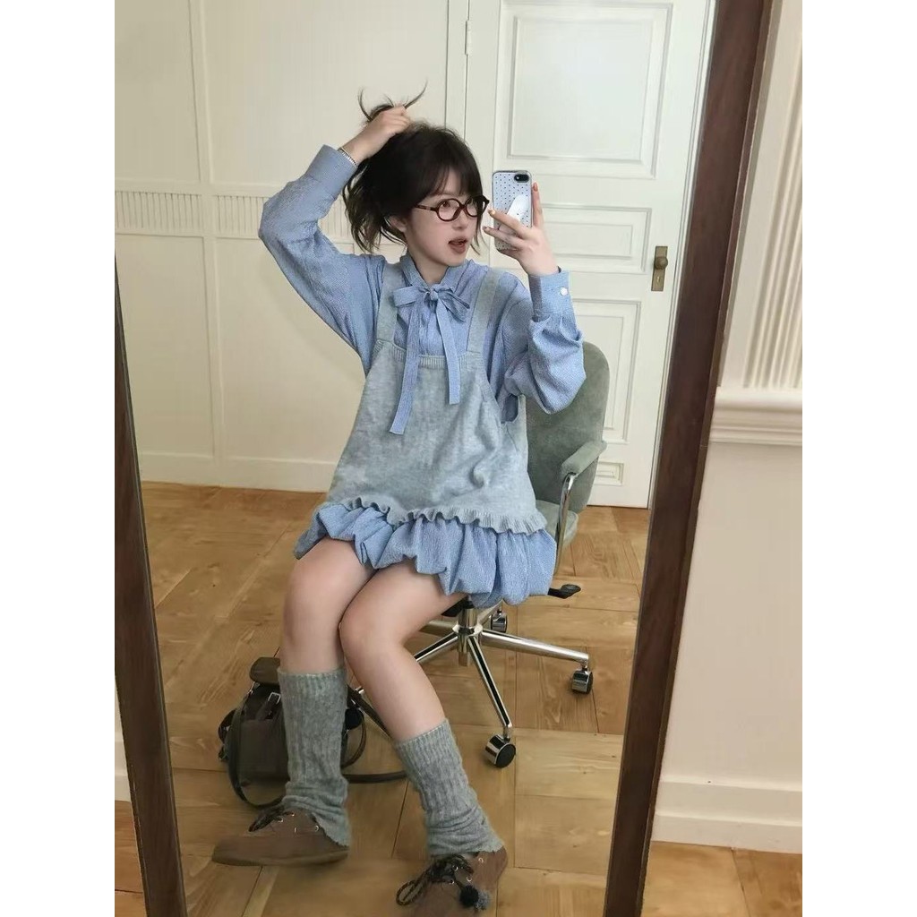 [COD]Kemeja dasi kupu-kupu kotak-kotak retro Korea, gaun rok kuncup, rompi wanita manis