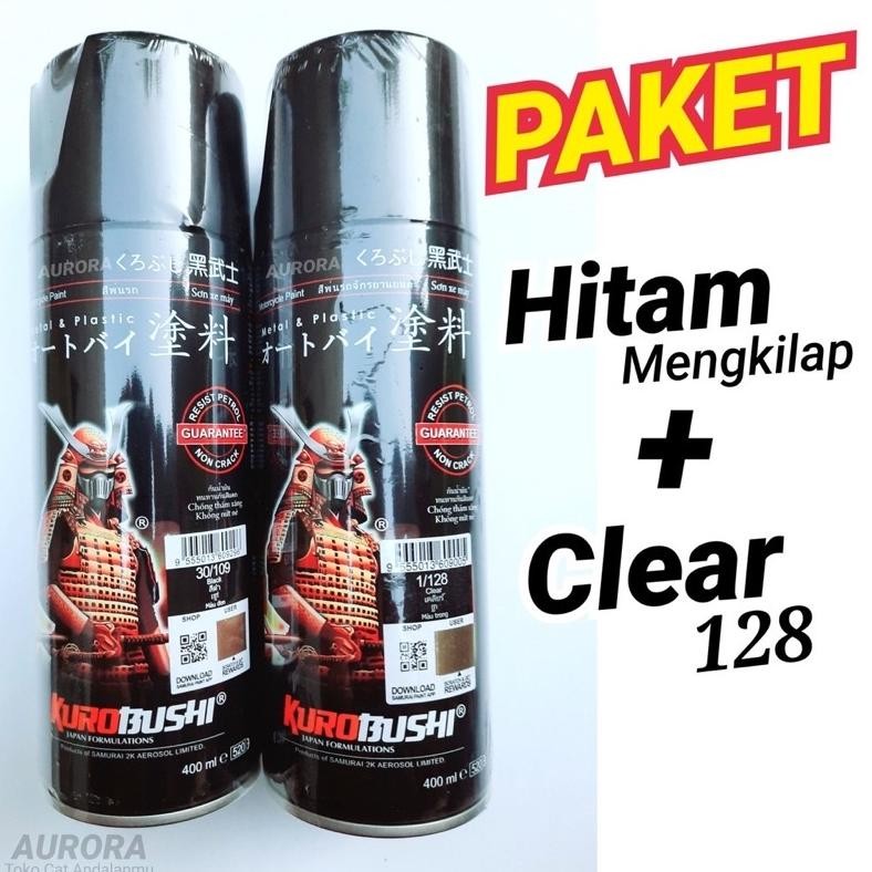 TERMURAH Paket Samurai Black 109 Hitam Mengkilap + Clear 128 Cat Pilok Tahan Bensin Pylox Semprot Sp