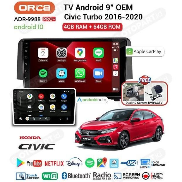 '' Head Unit Android Auto Carplay 9 Inch Pro+ Civic Turbo 2016-2020 Orca ''