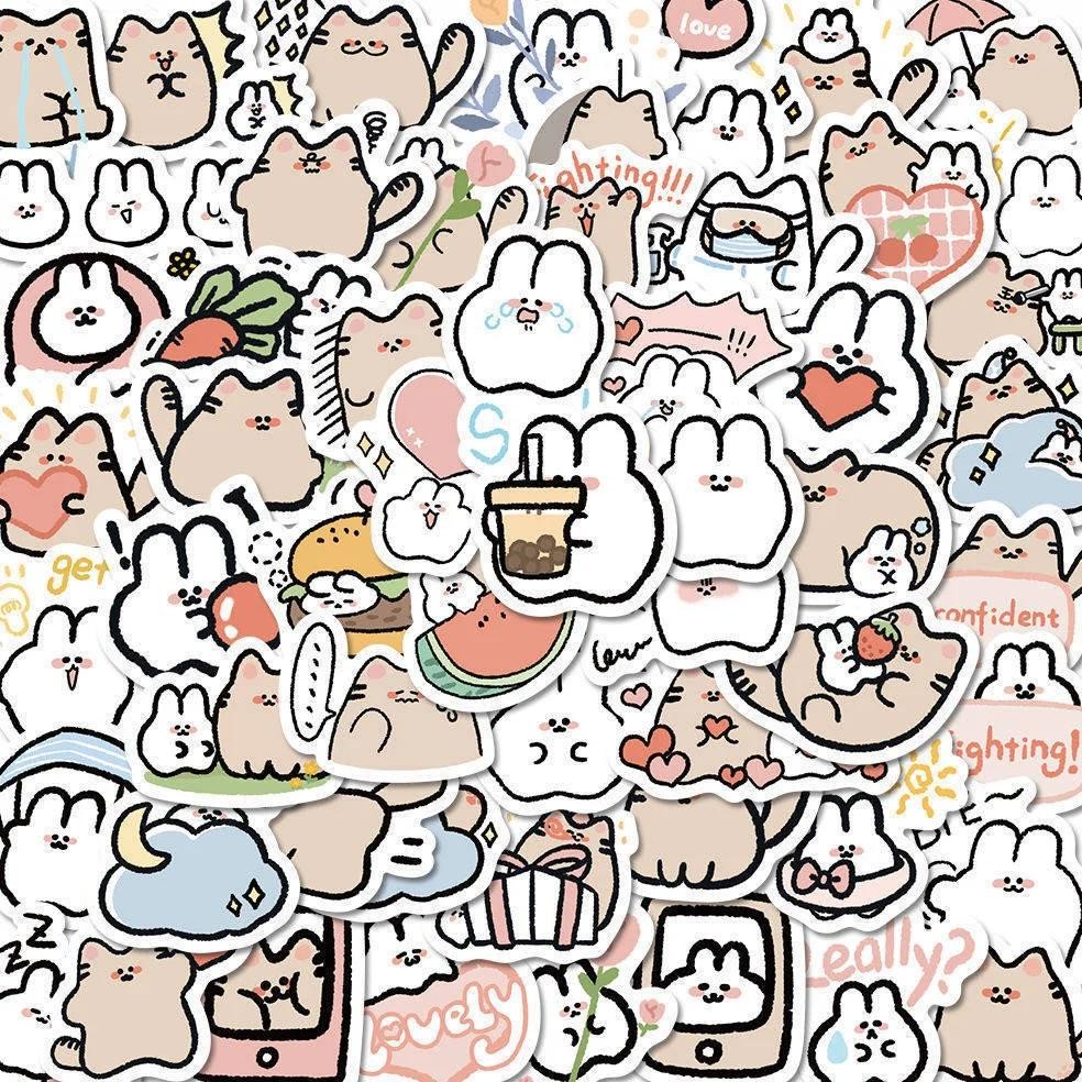 

58Pcs Cute Stickers For Cats And Rabbits Korean Ins Cartoon Handbooks Computer Cups Goo Cards Waterproof Stickers
